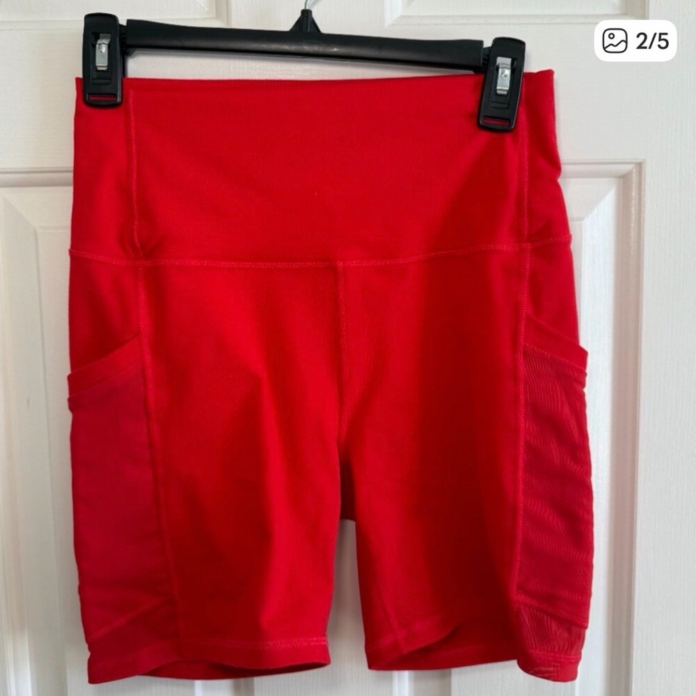 Fabletics Red High-Rise Bike Shorts w Side Pockets Power Hold